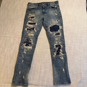First Row Mens Distressed Patchwork Slim Jeans Blue Medium Wash 32x32 Streetwear